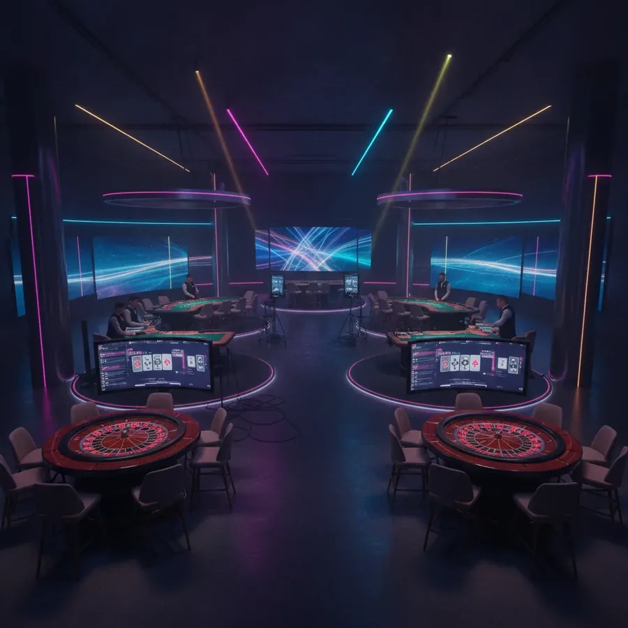 Vue d'ensemble d'un studio en direct avec plusieurs tables de jeu